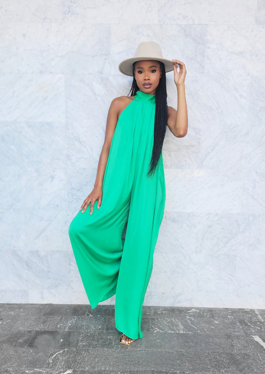 Kelsey | Kelly Green Halter Neck Wide Leg Jumpsuit