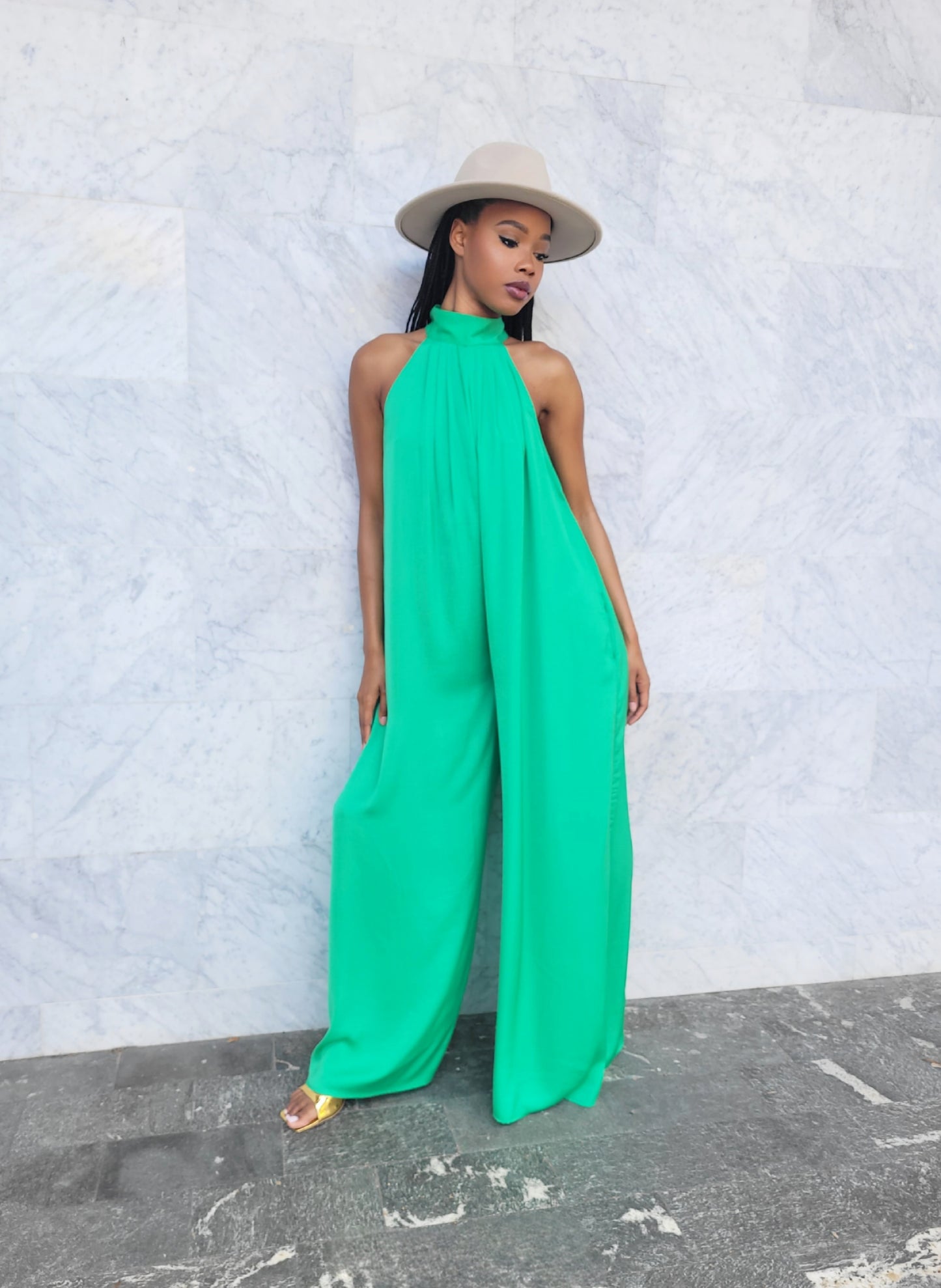 Kelsey | Kelly Green Halter Neck Wide Leg Jumpsuit