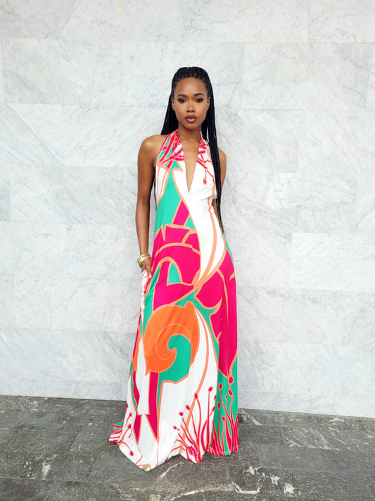 Korah | Multi Color Backless Halter Maxi Dress