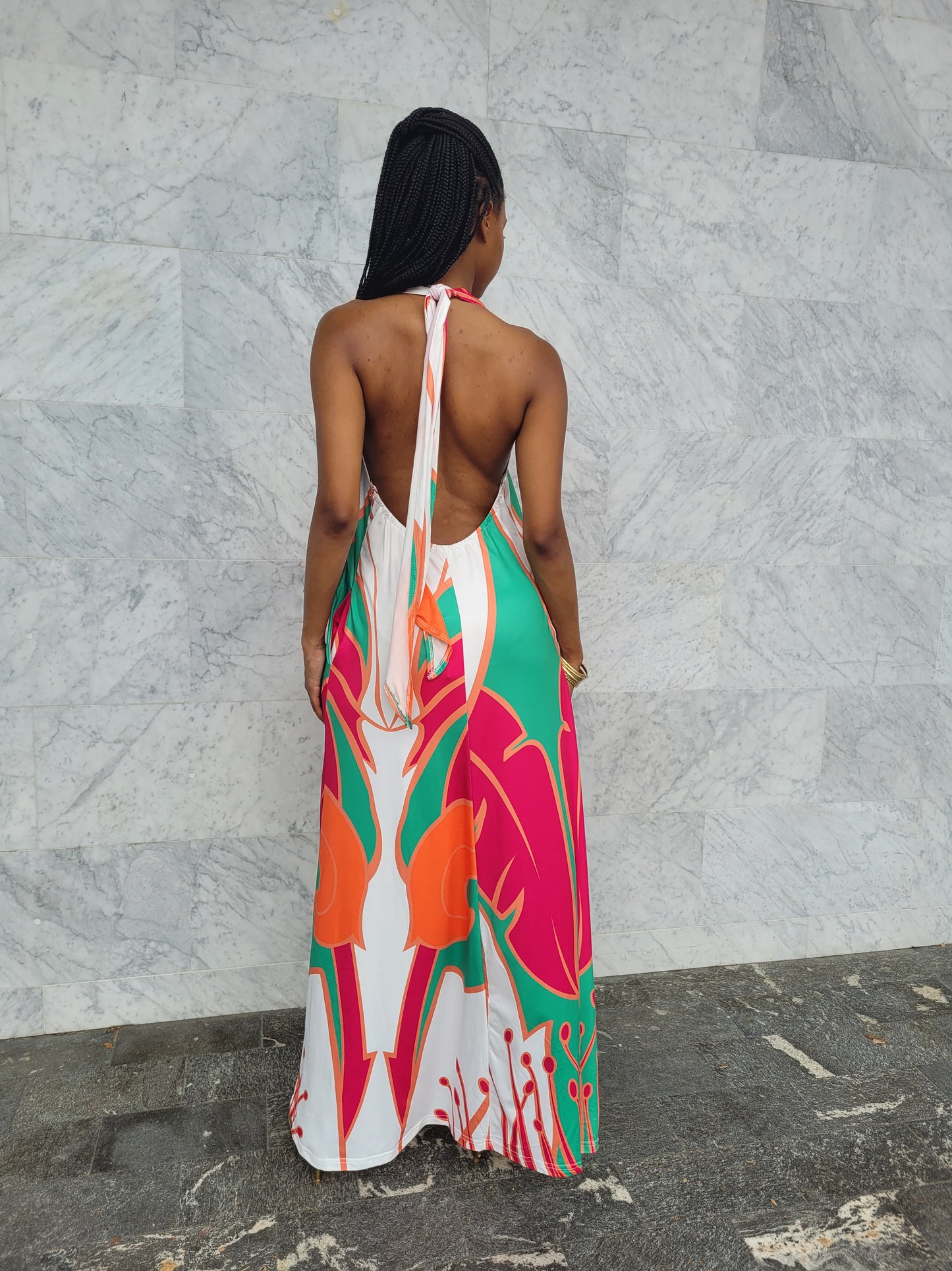 Korah | Multi Color Backless Halter Maxi Dress