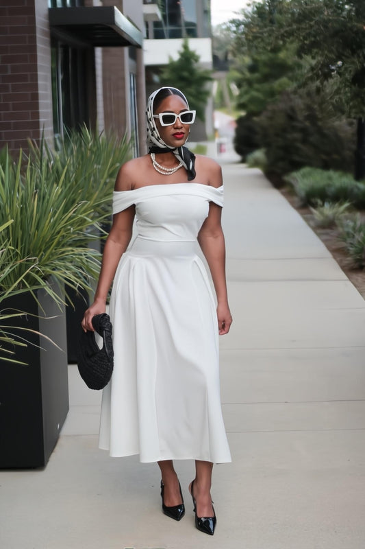 Monroe | Ivory Off-The-Shoulder Pleated Flare Midi Dress