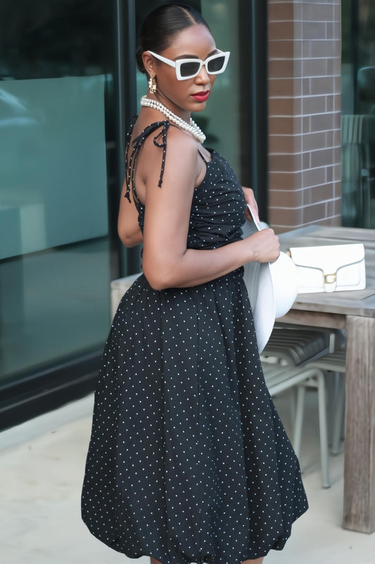 Marilyn | Tie Strap Black and White Polka Dot Bubble Hem Dress