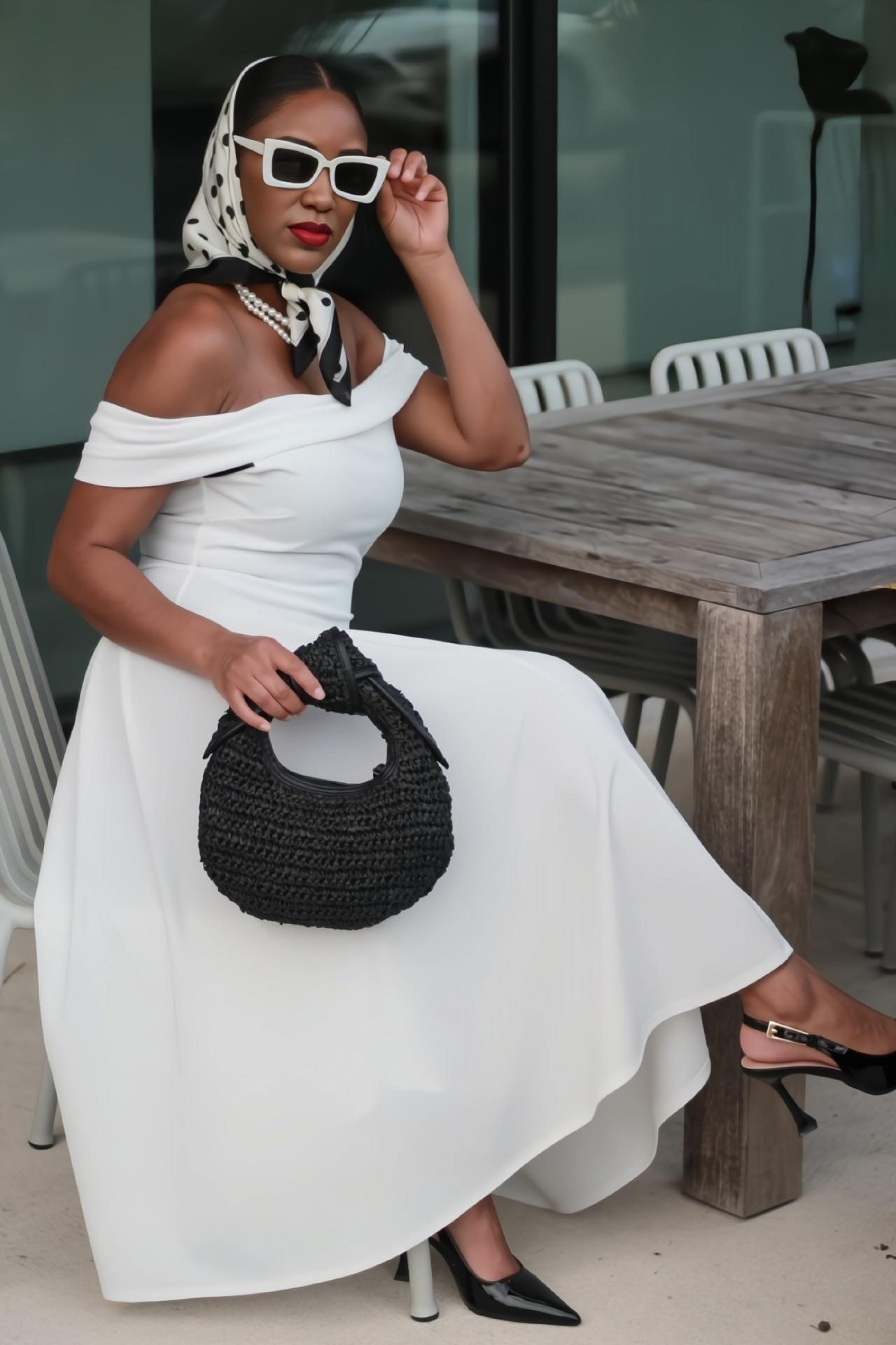 Monroe | Ivory Off-The-Shoulder Pleated Flare Midi Dress