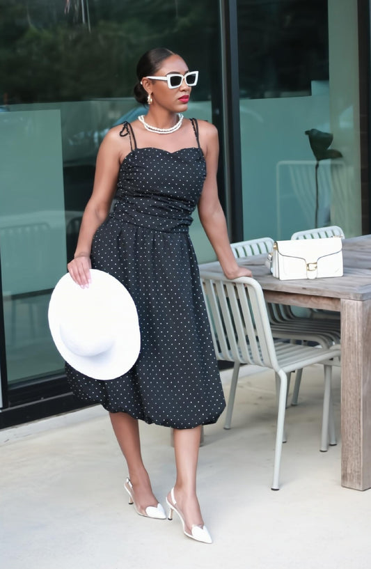 Marilyn | Tie Strap Black and White Polka Dot Bubble Hem Dress