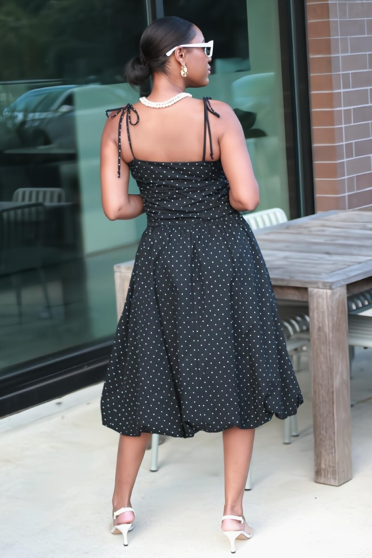 Marilyn | Tie Strap Black and White Polka Dot Bubble Hem Dress