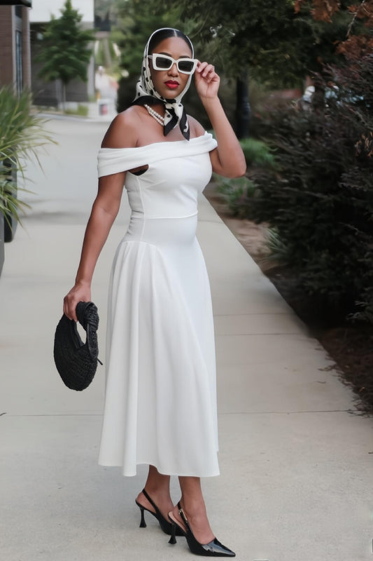 Monroe | Ivory Off-The-Shoulder Pleated Flare Midi Dress