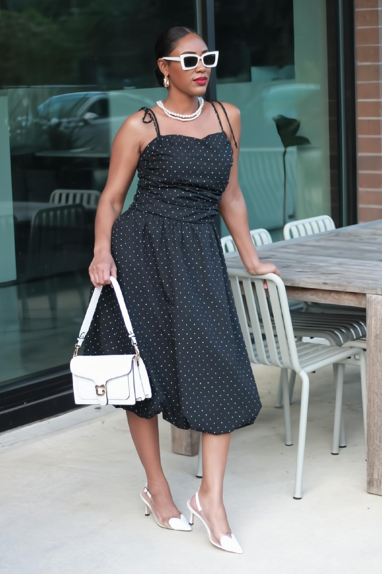 Marilyn | Tie Strap Black and White Polka Dot Bubble Hem Dress