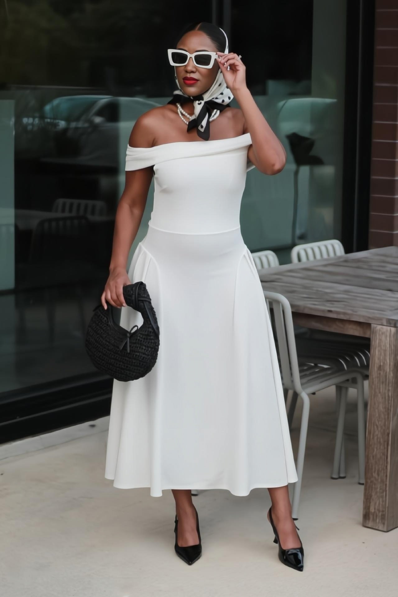Monroe | Ivory Off-The-Shoulder Pleated Flare Midi Dress