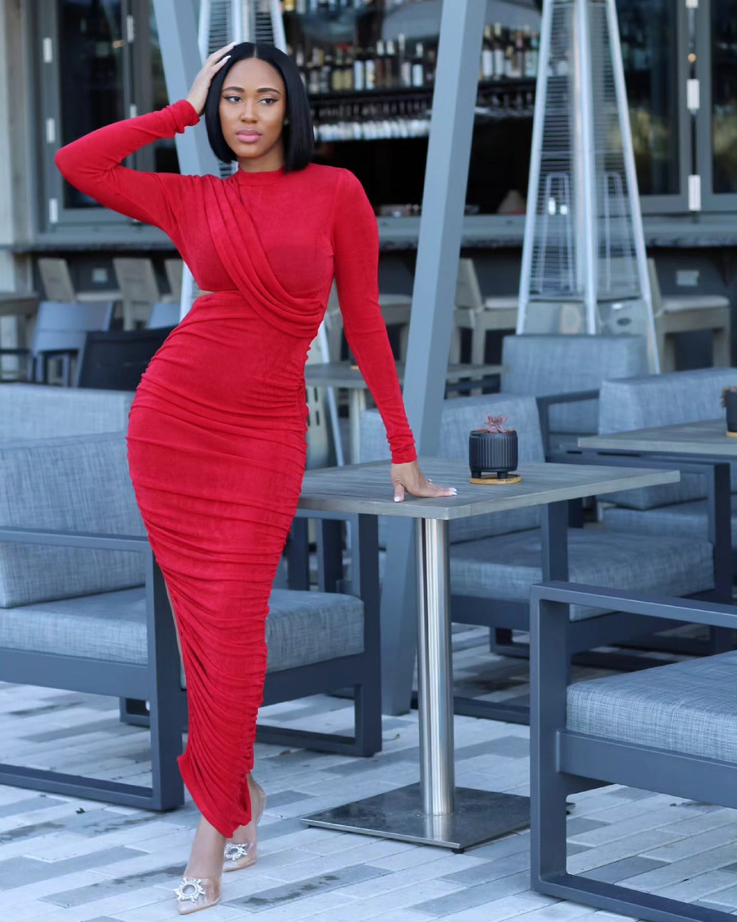 red ruched dress long sleeve Red Long Sleeve Ruched Maxi Dress for Evening Events Red / S