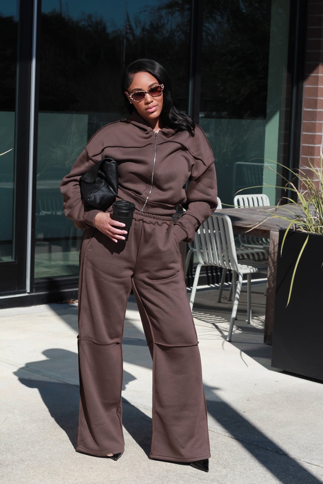 Daily Errands | Brown Wide-Leg Zip-Up Hoodie Sweatsuit
