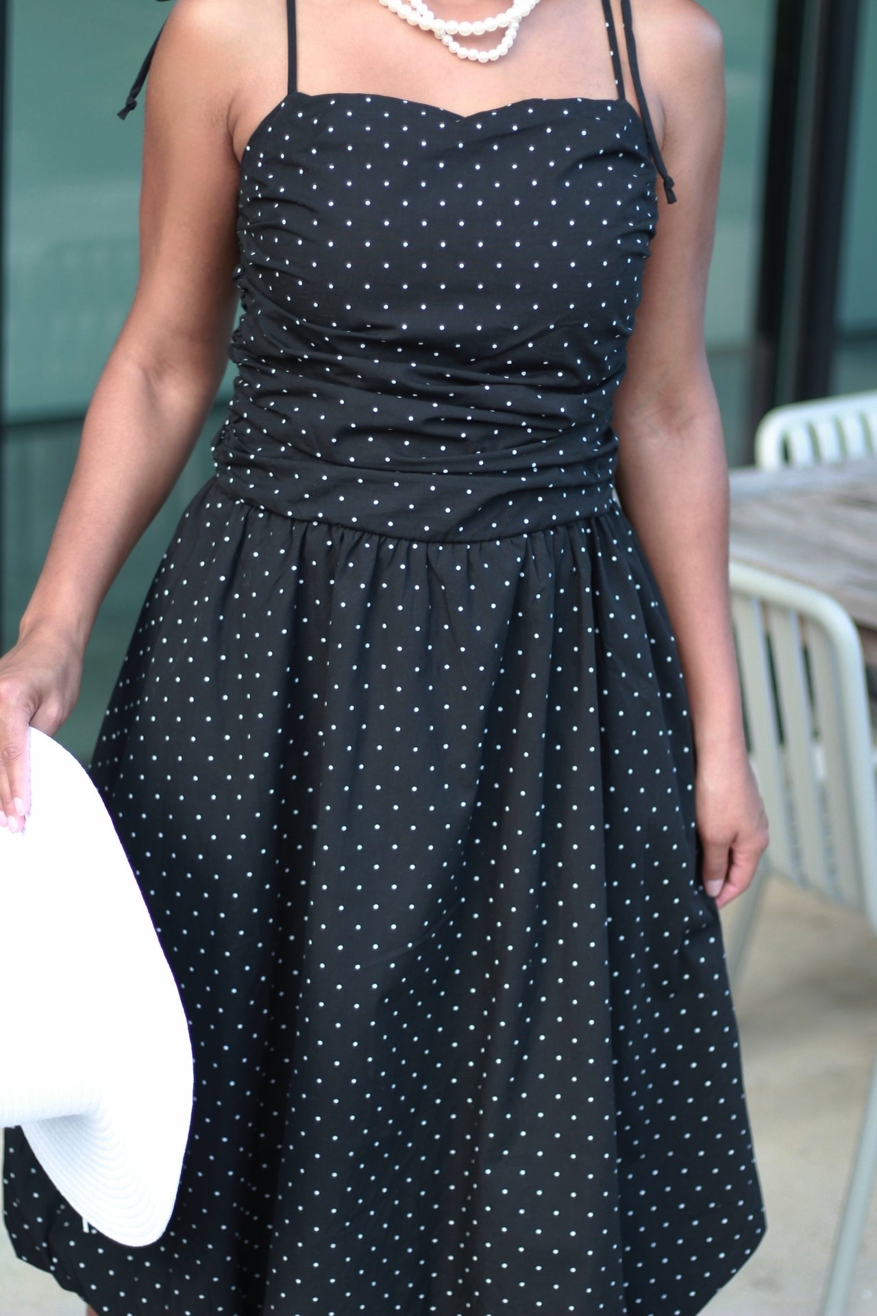 Marilyn | Tie Strap Black and White Polka Dot Bubble Hem Dress