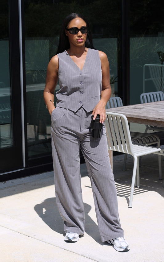 Teyana | Heather Grey Woven Pinstripe Vest Pants Set