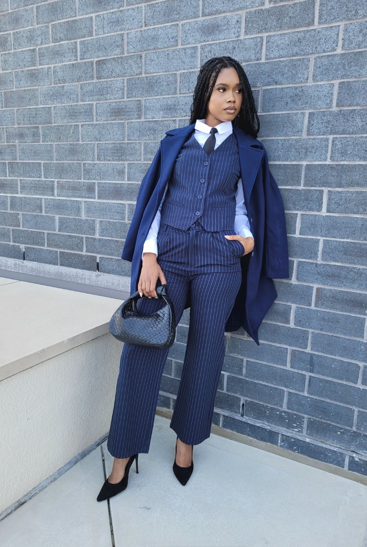 Elle | Navy Blue Long Sleeve A-Line Long Coat