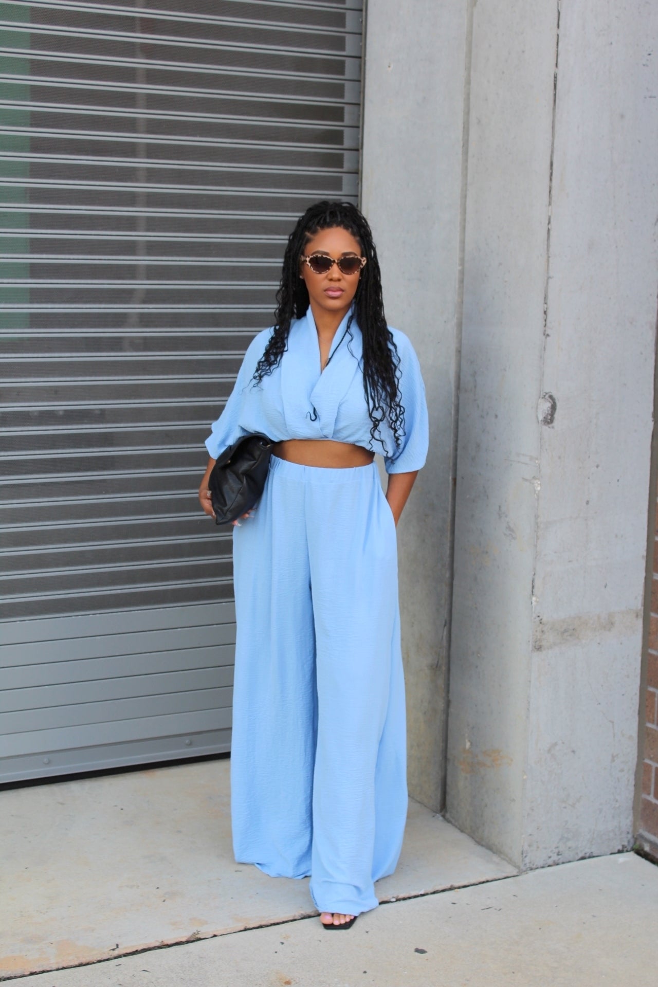 Nia | Light Blue Cropped Kimono Wide-Leg Pants Set