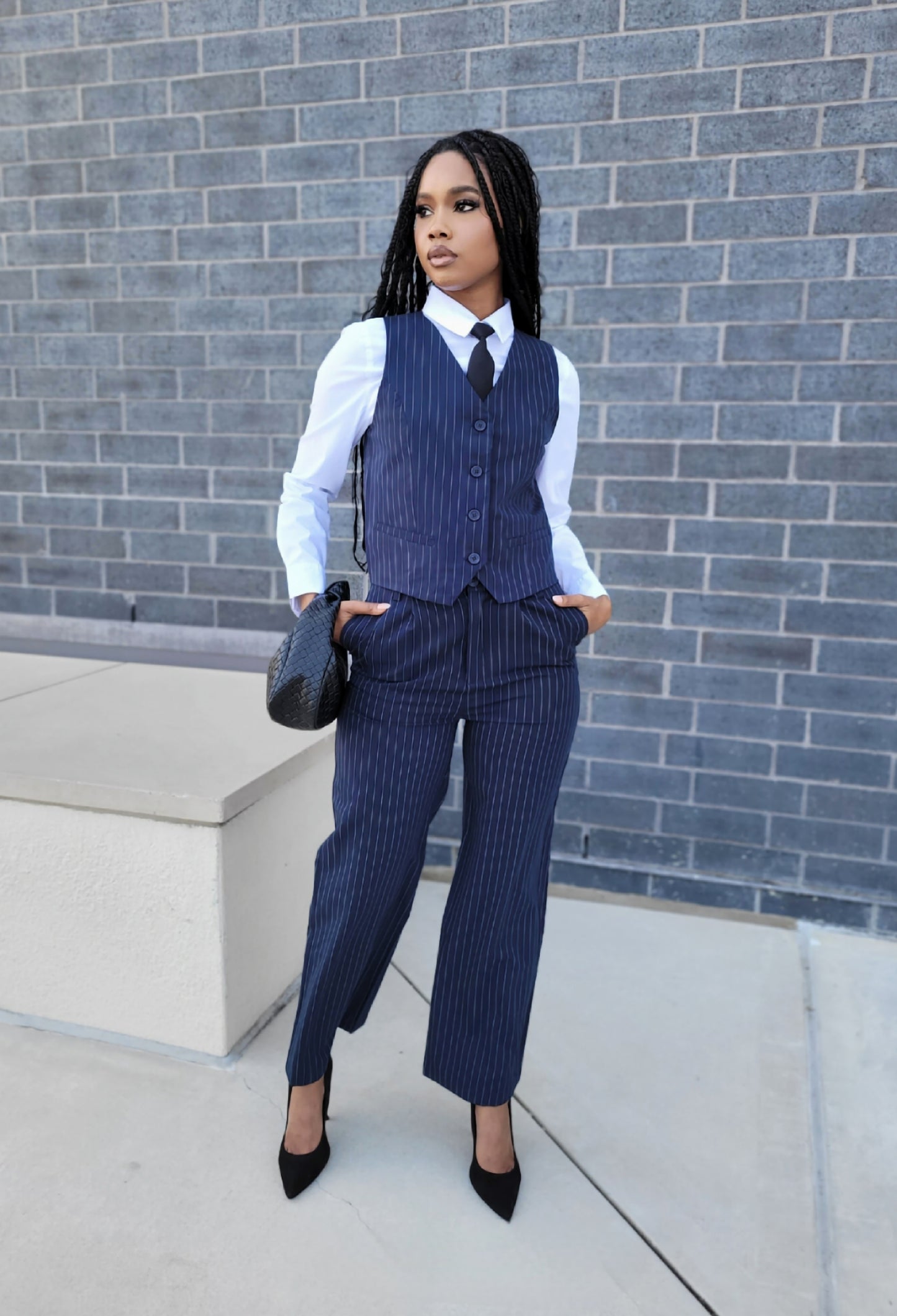 Teyana | Navy Blue Woven Pinstripe Vest Pants Set