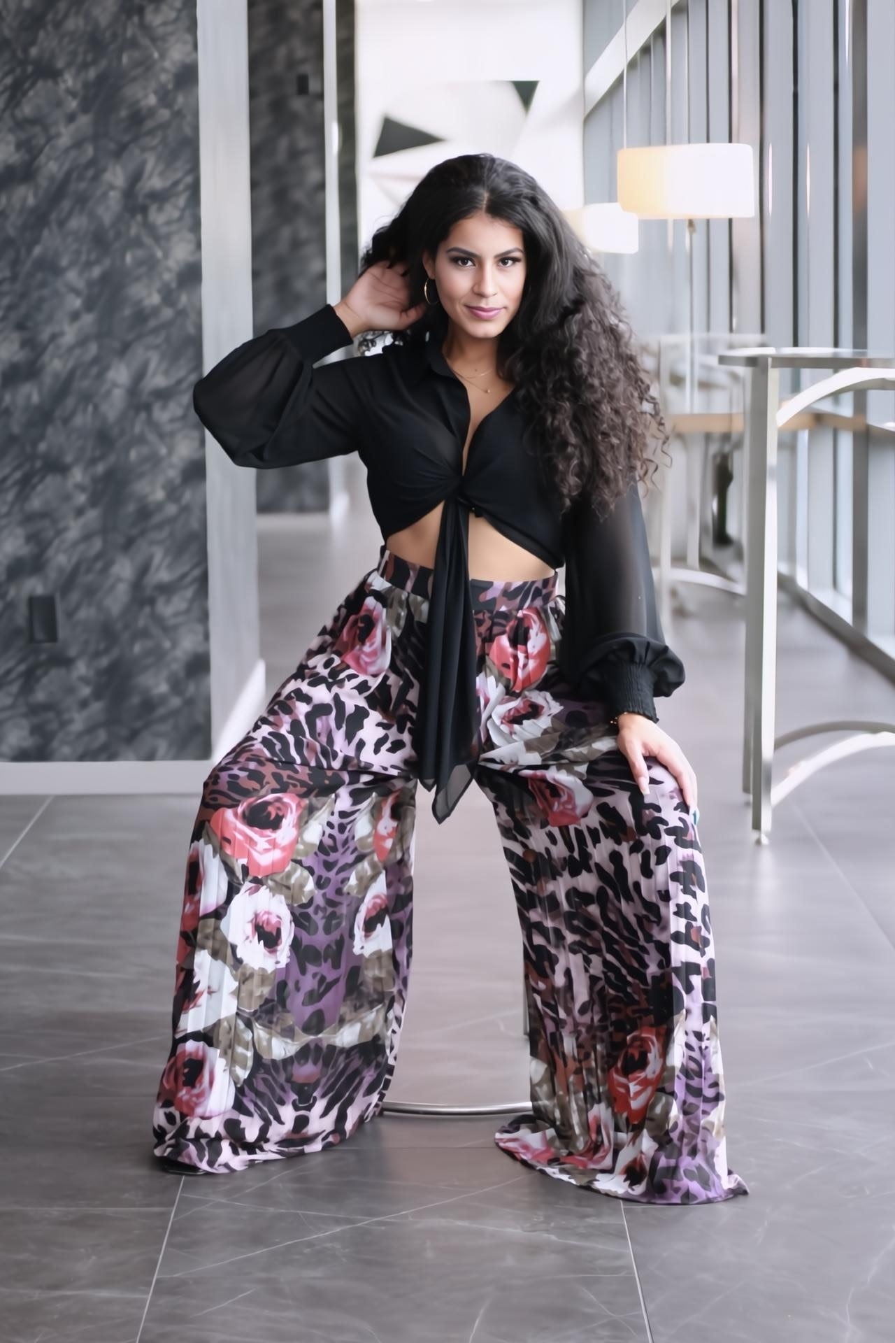 Ashley | Chiffon Tie Front Leopard Pleated Jumpsuit