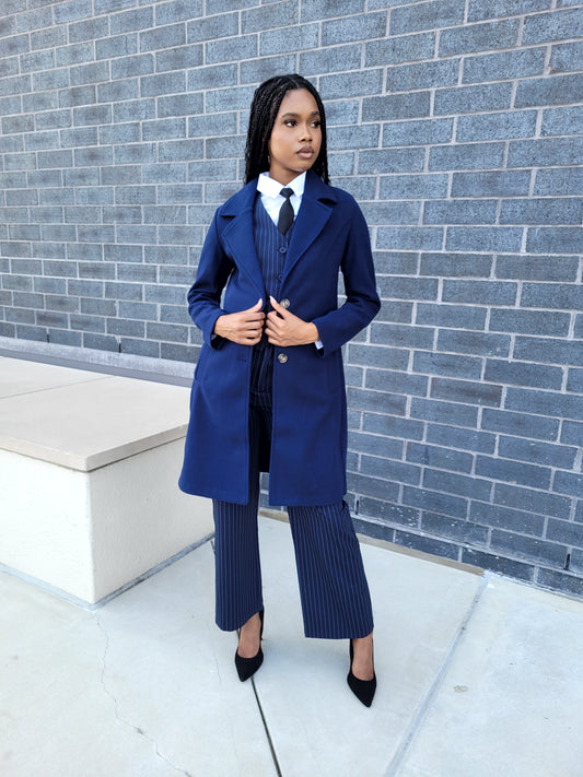 Elle | Navy Blue Long Sleeve A-Line Long Coat