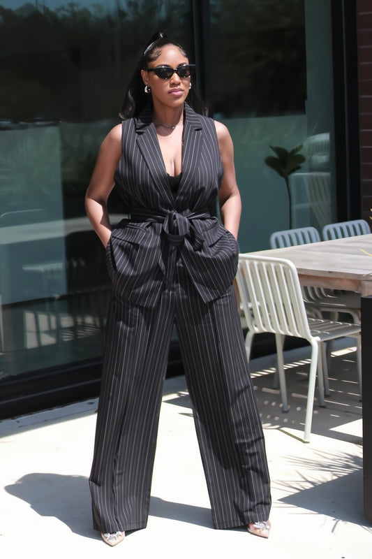 Ambriel | Pinstripe Sleeveless Blazer Vest Trouser Suit Set