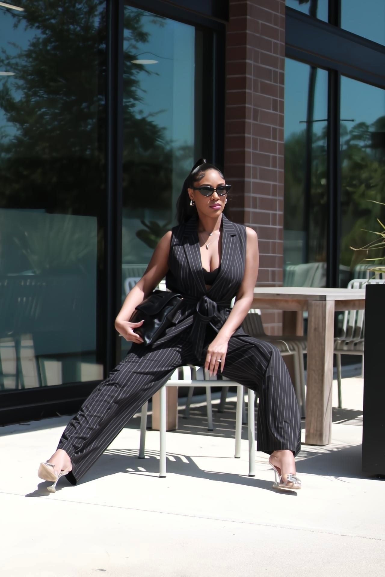 Ambriel | Pinstripe Sleeveless Blazer Vest Trouser Suit Set