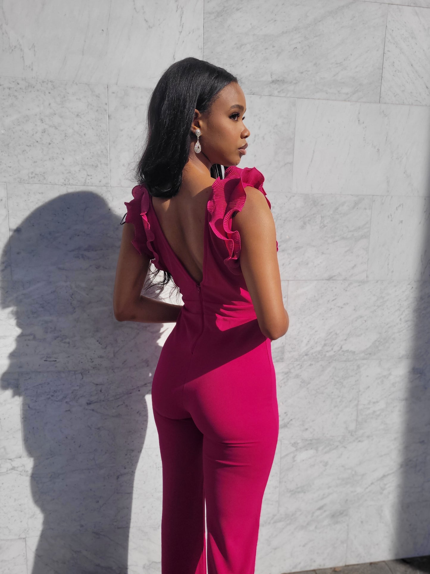 Lilian Deep V Neck Mesh Ruffled Jumpsuit - Magenta