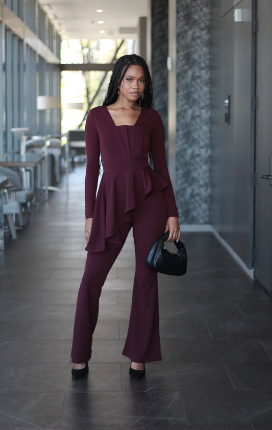 Blair | Maroon Peplum Top Jumpsuit