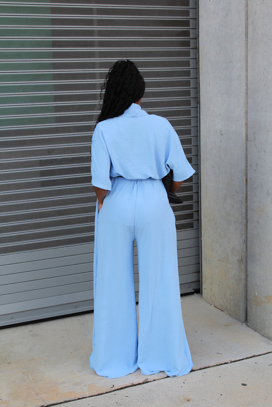 Nia | Light Blue Cropped Kimono Wide-Leg Pants Set