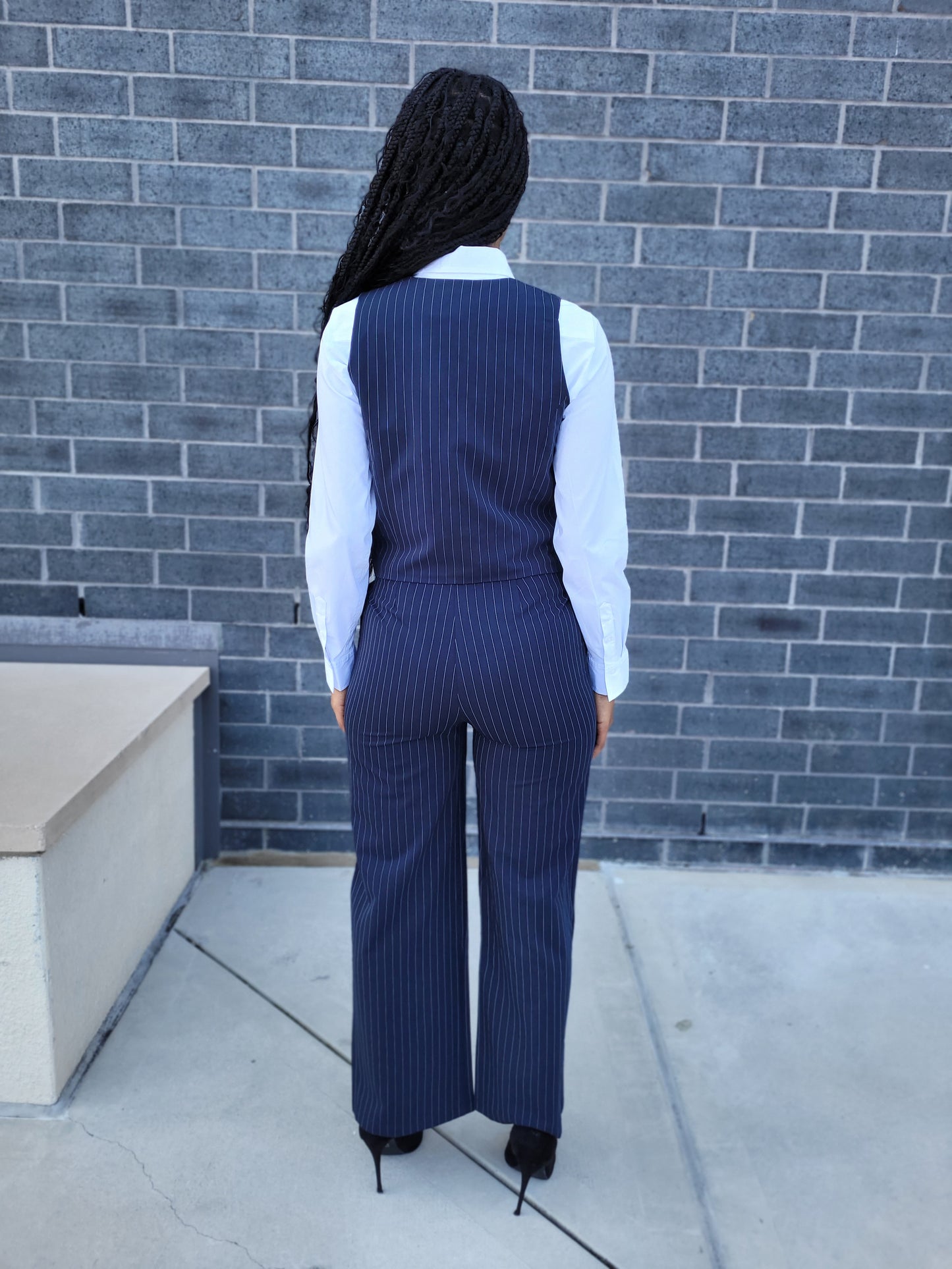 Teyana | Navy Blue Woven Pinstripe Vest Pants Set