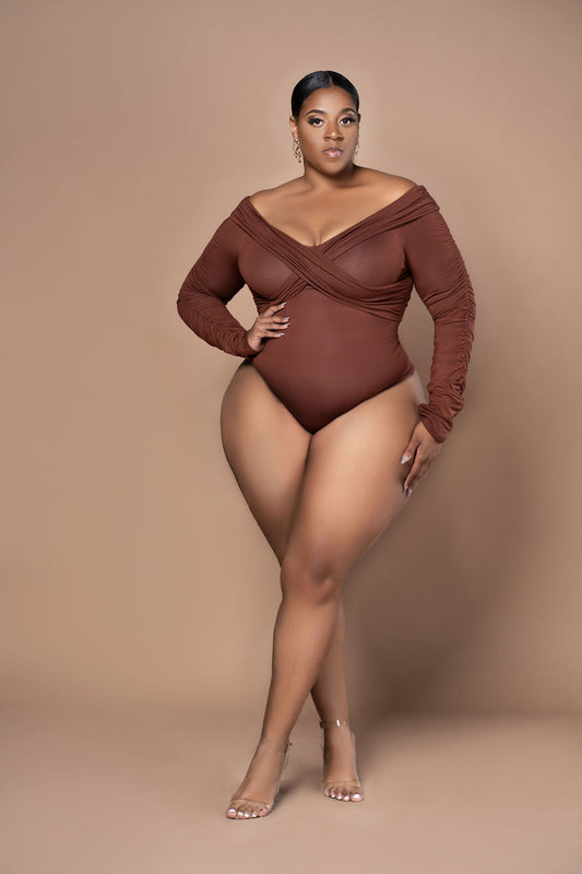 Mocha Cross Wrap Bodysuit PLUS