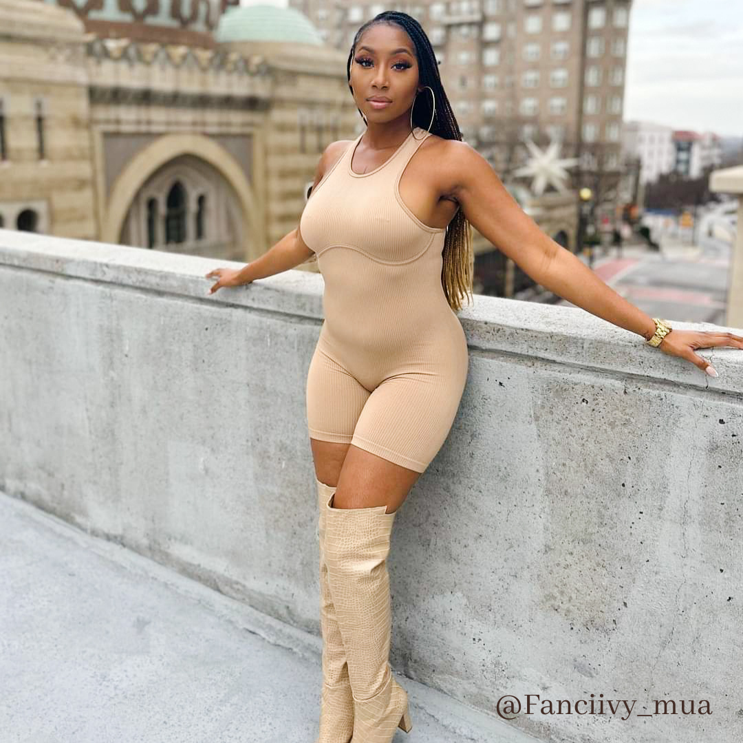 Light Mocha Racer Back Ribbed Knit Romper