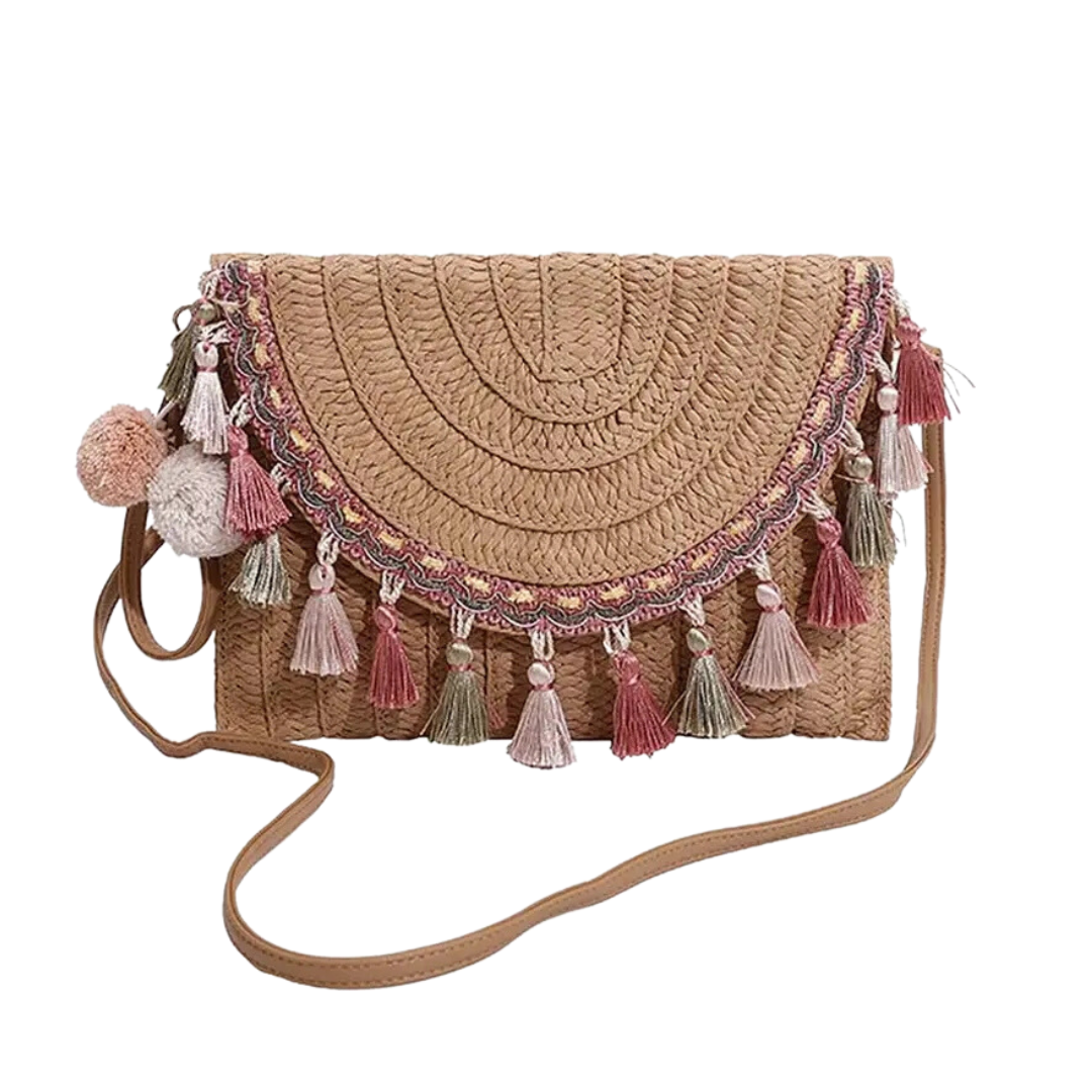 Tassel Khaki Straw Bag