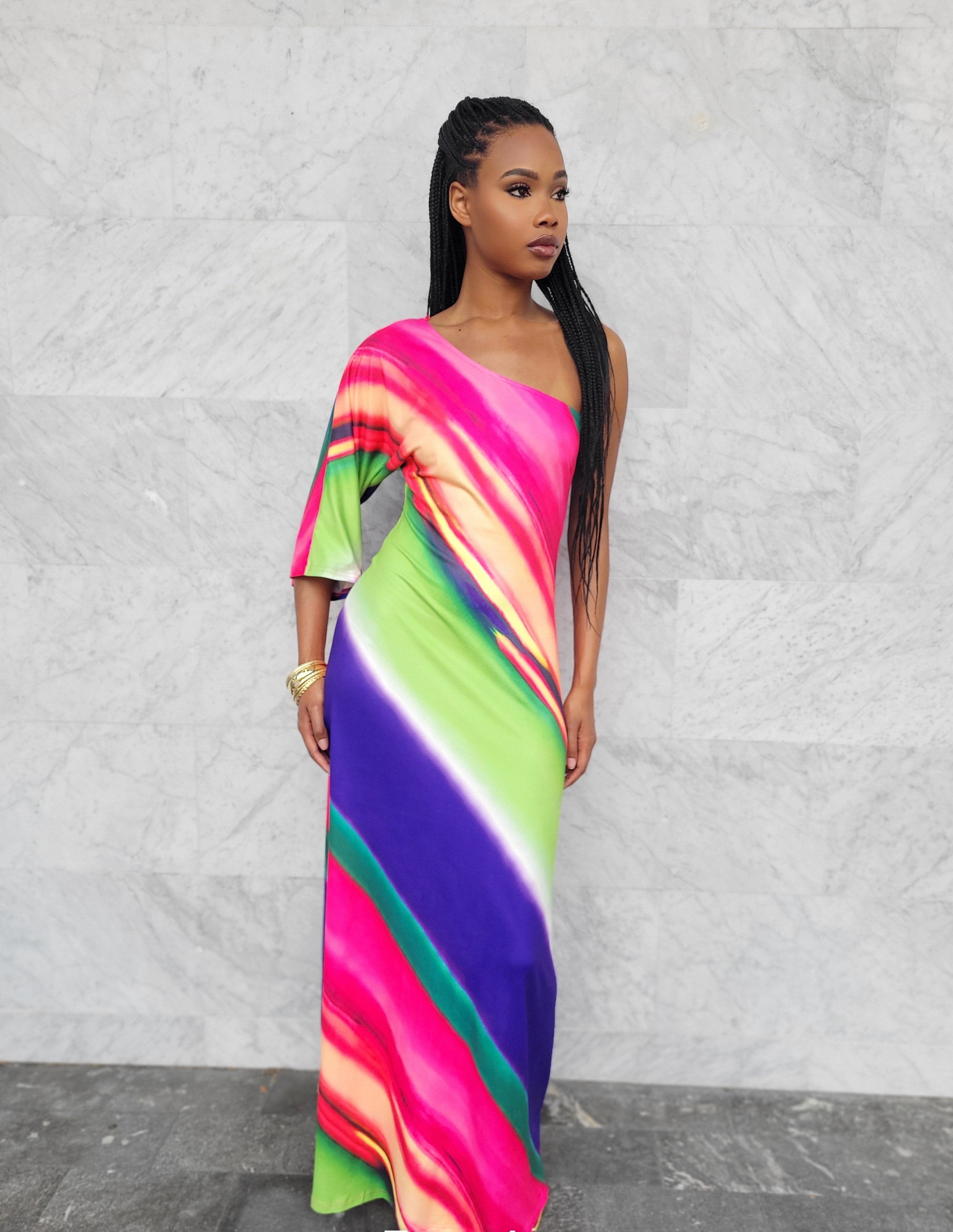 Stylush Boutique Tyla Multi Color One Shoulder Maxi Dress M