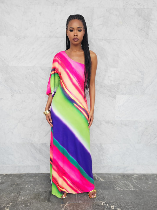 Multi-colored asymmetric one shoulder maxi dress