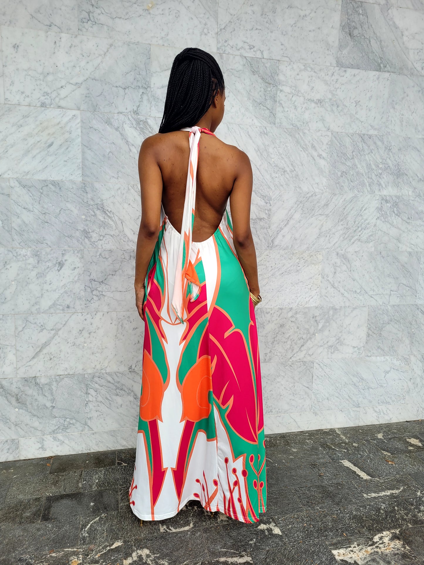 Korah | Multi Color Backless Halter Maxi Dress