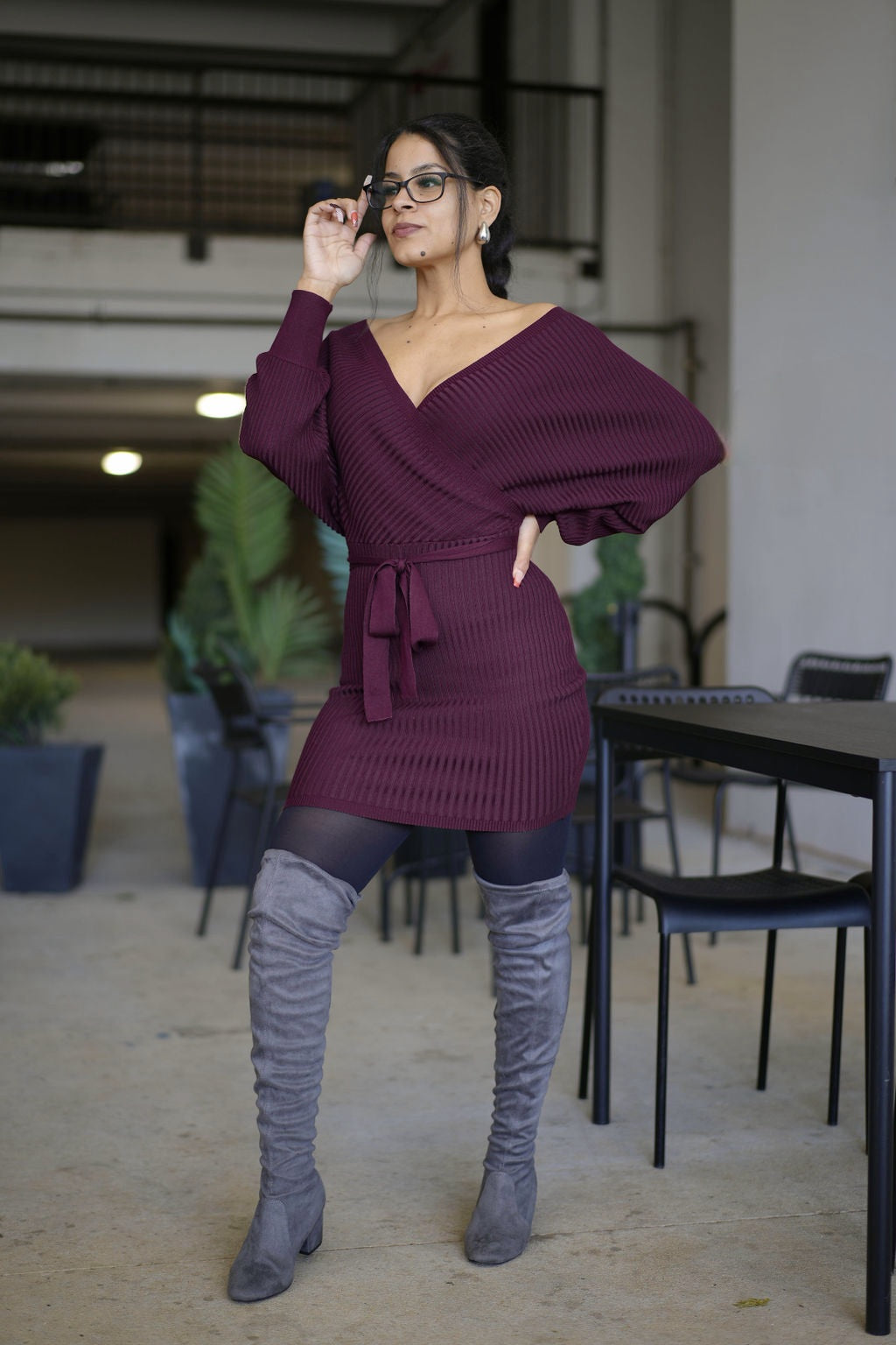 Stella | Wine Off Shoulder Belted Mini Knit Sweater Dress