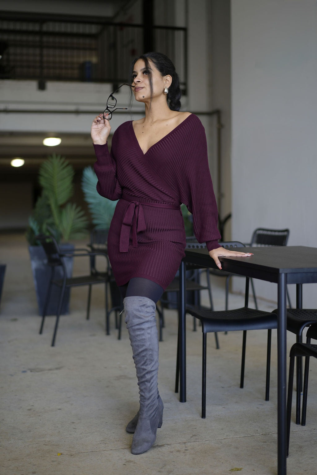 Stella | Wine Off Shoulder Belted Mini Knit Sweater Dress