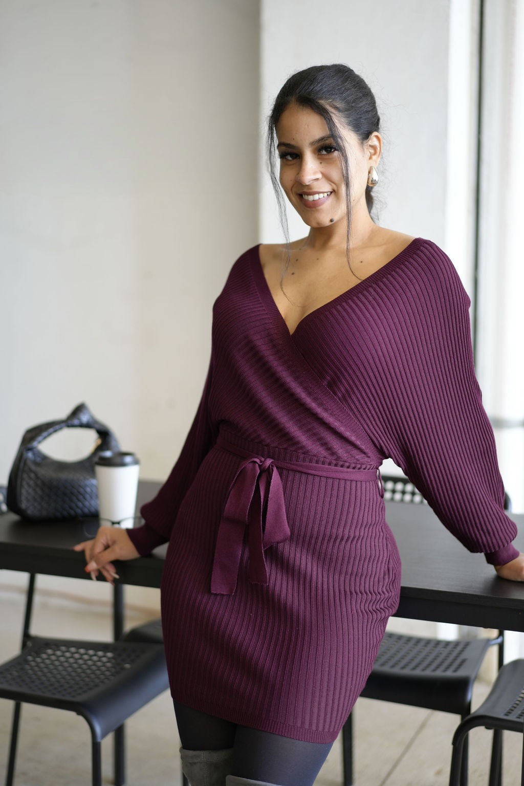 Stella | Wine Off Shoulder Belted Mini Knit Sweater Dress