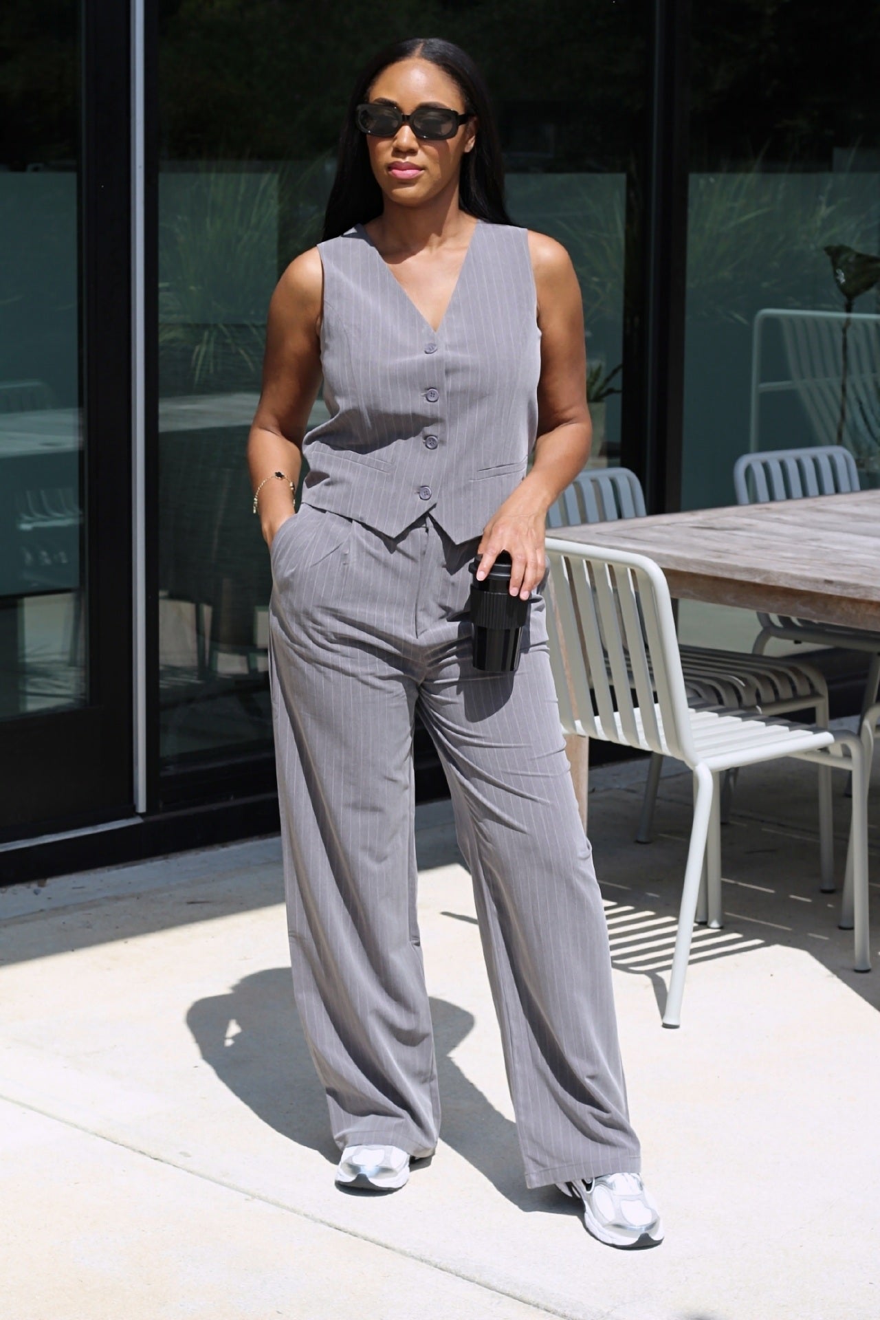 Teyana | Heather Grey Woven Pinstripe Vest Pants Set