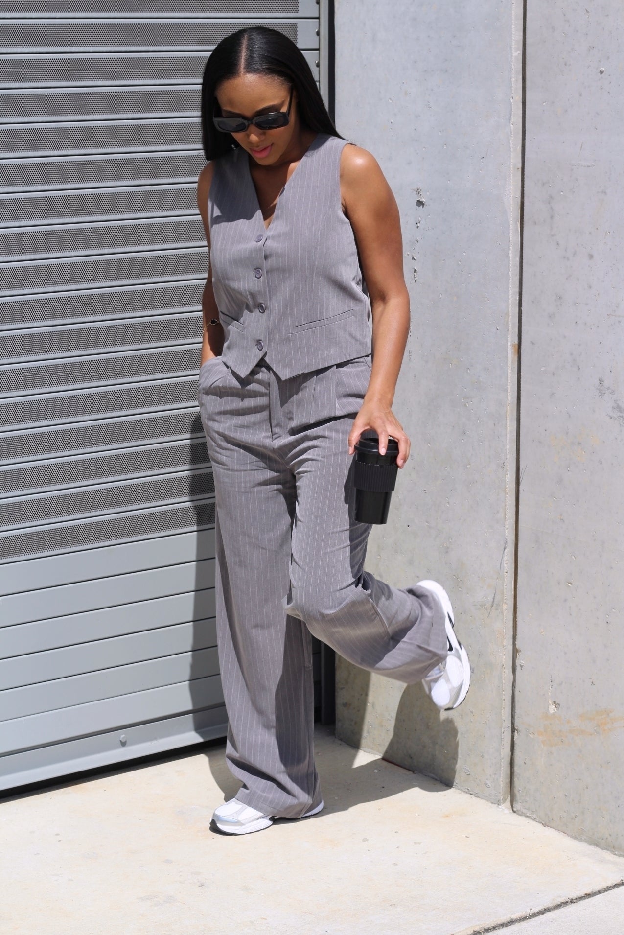 Teyana | Heather Grey Woven Pinstripe Vest Pants Set