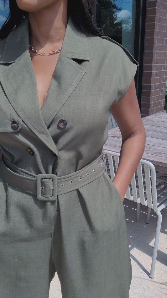 Gretchen | Olive Trench Style Double Button Belted Jumpsuit