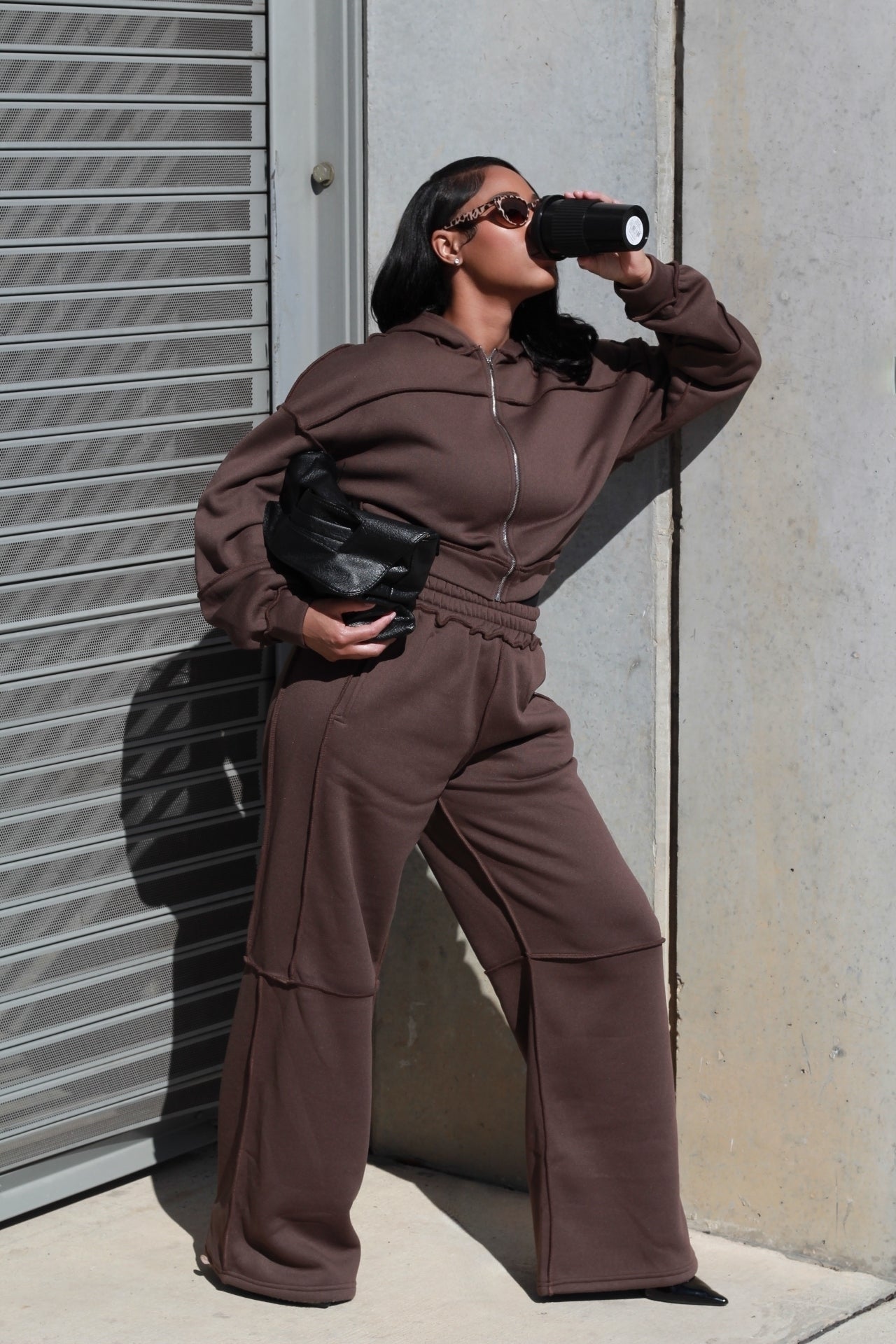 Daily Errands | Brown Wide-Leg Zip-Up Hoodie Sweatsuit