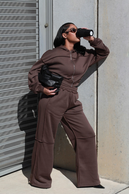 Daily Errands | Brown Wide-Leg Zip-Up Hoodie Sweatsuit