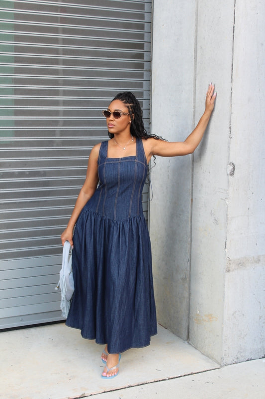 Solange | Dark Denim Square Neck Midi Dress