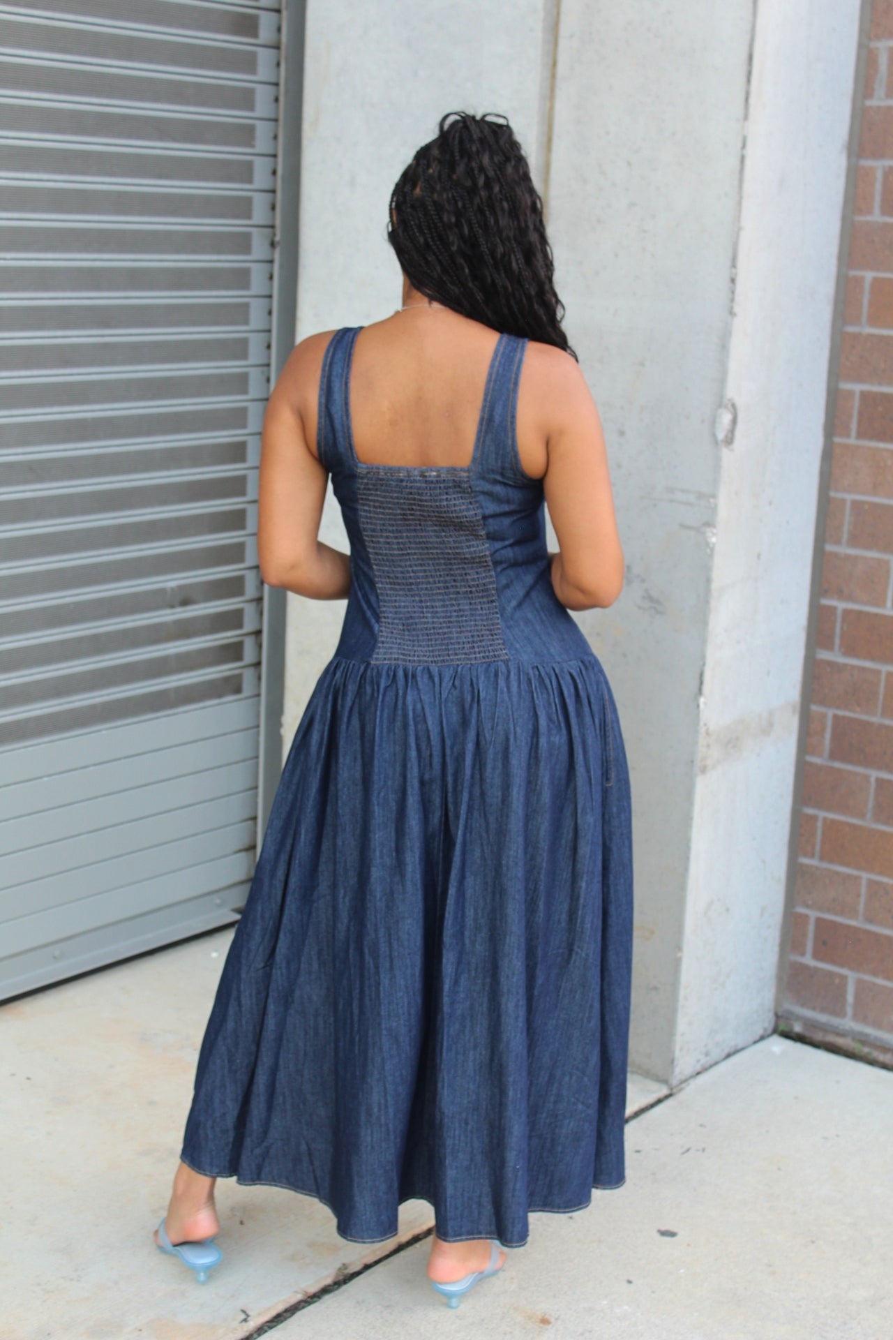 Solange | Dark Denim Square Neck Midi Dress