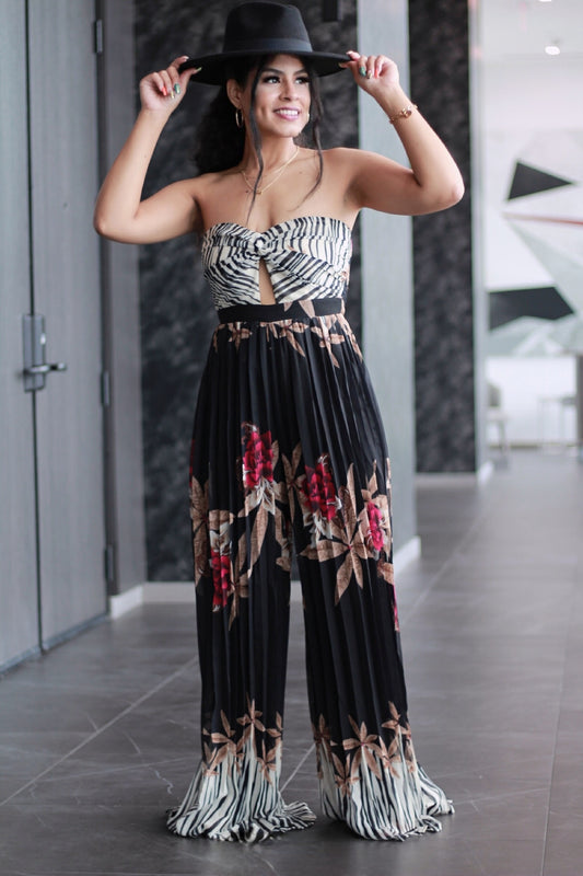 Zena | Floral Zebra Print Pleated Jumpsuit