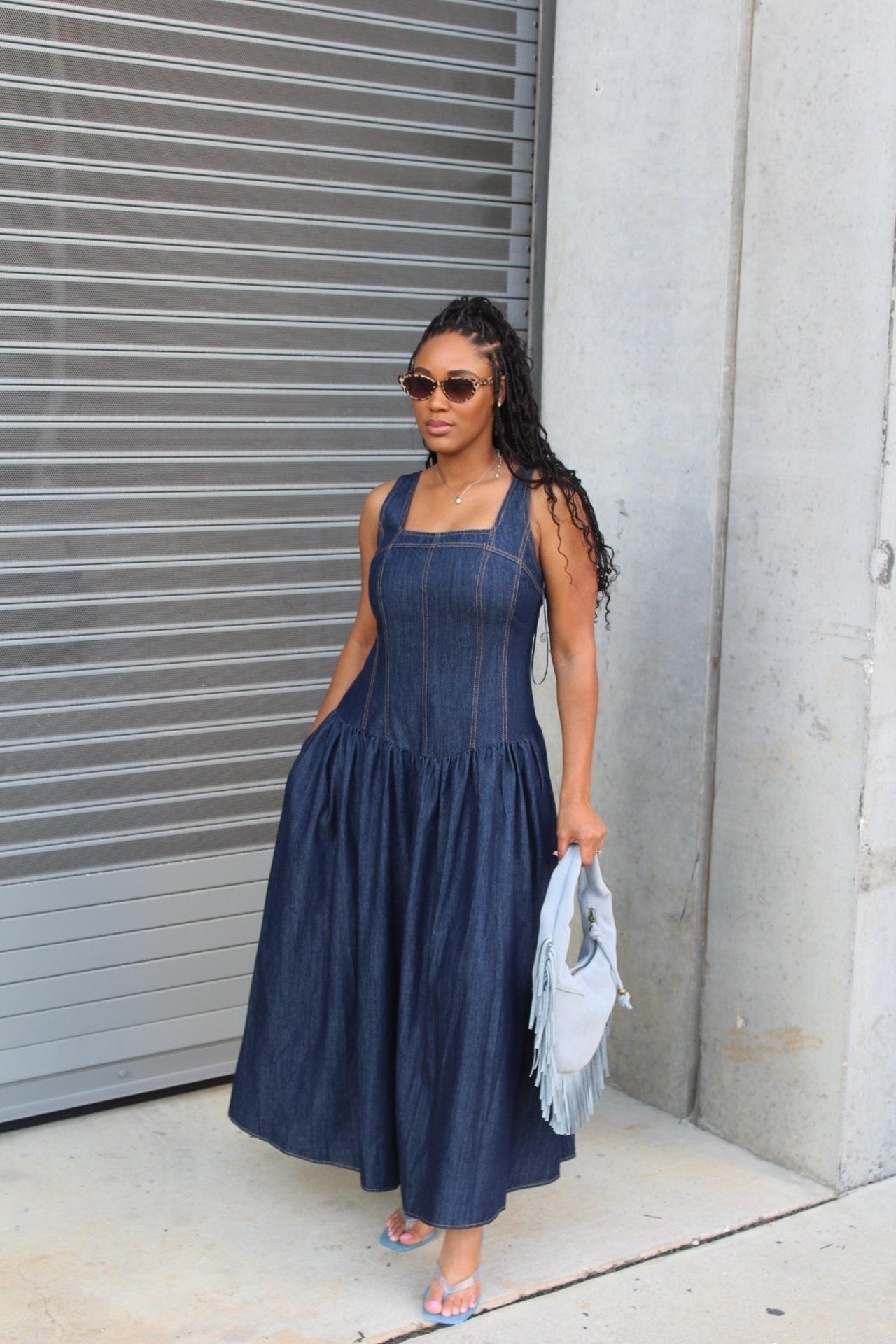 Solange | Dark Denim Square Neck Midi Dress