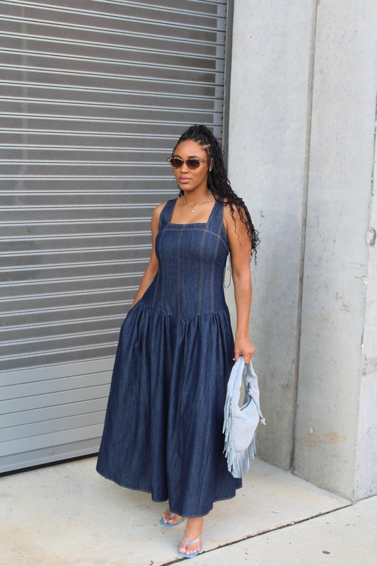 Solange | Dark Denim Square Neck Midi Dress