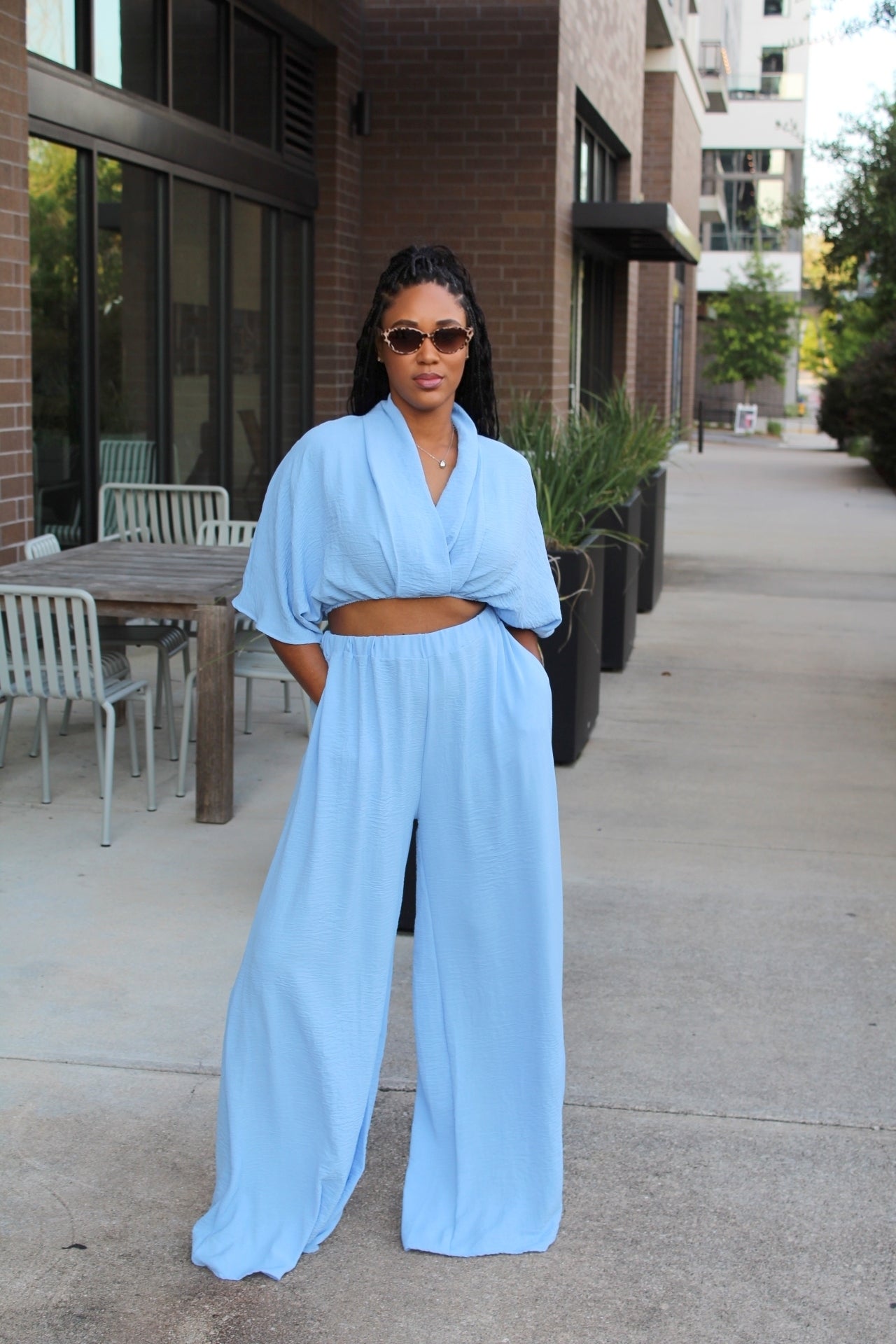 Nia | Light Blue Cropped Kimono Wide-Leg Pants Set