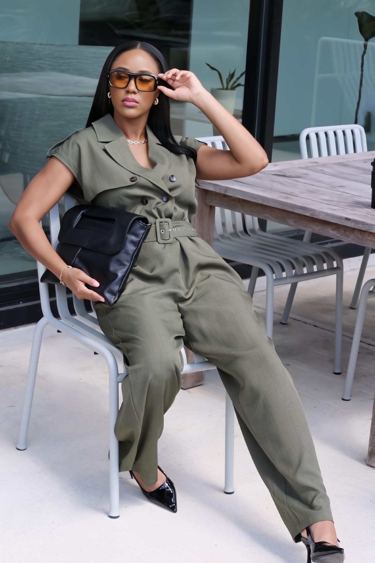 Gretchen | Olive Trench Style Double Button Belted Jumpsuit