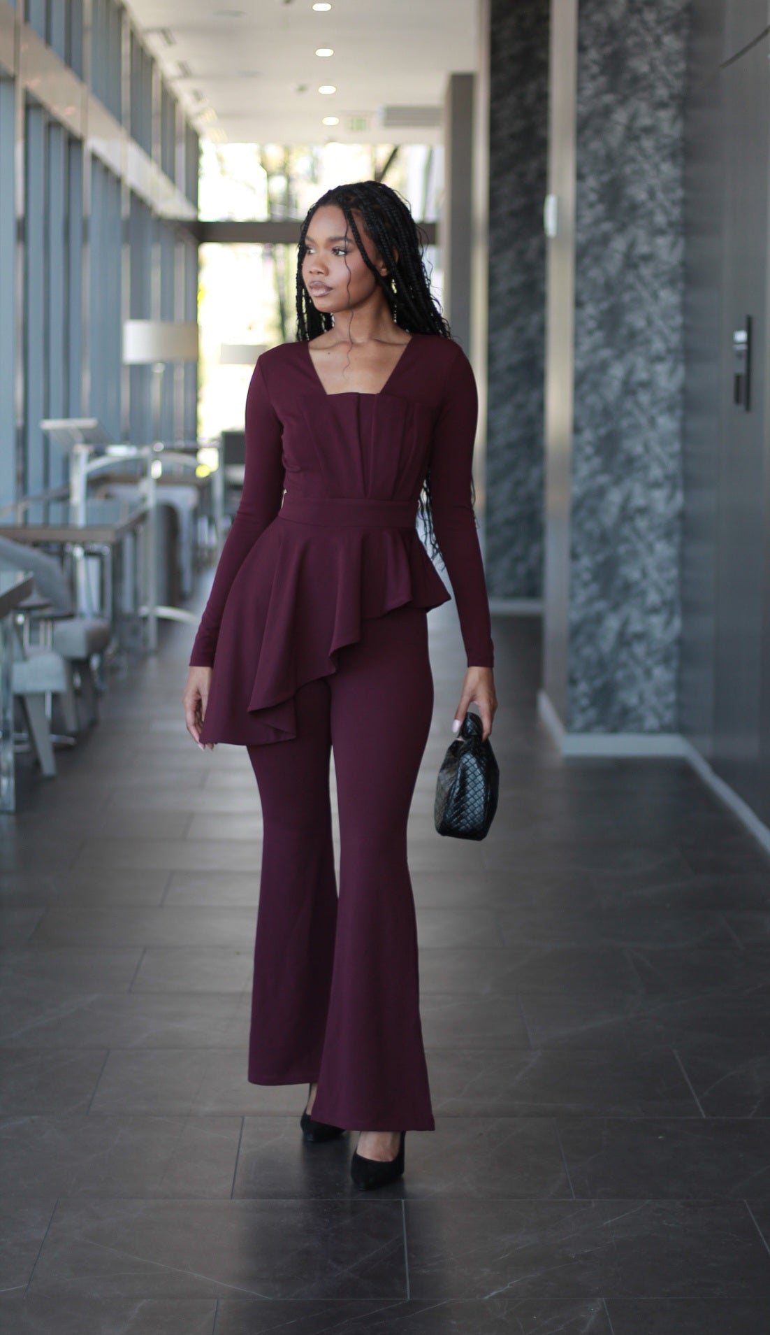 Off Shoulder Plus Peplum Jumpsuit Blair Maroon Peplum Top