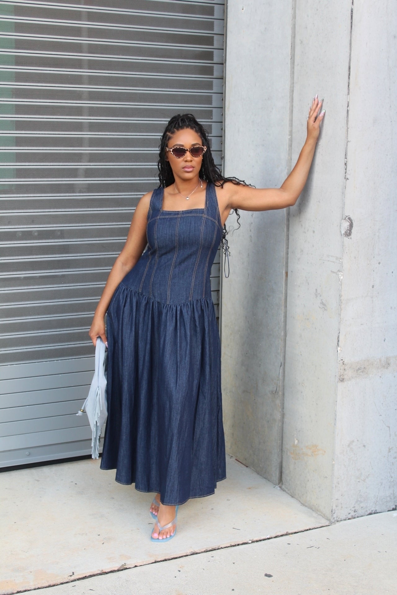 Solange | Dark Denim Square Neck Midi Dress